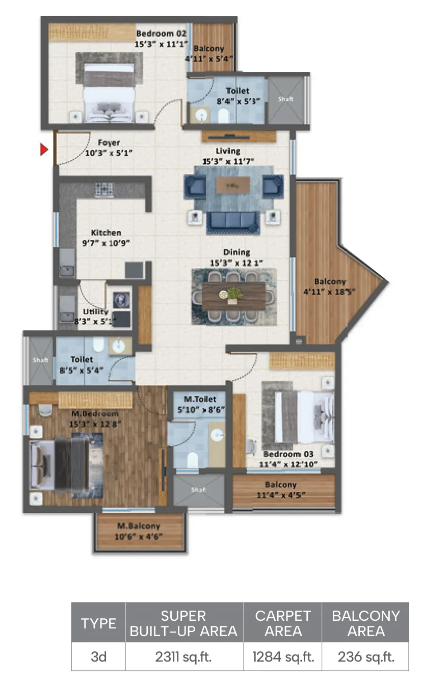 Sattva Courtyard 3 BHK Type 3d floor plan — 2,311 sq. ft. SBA with three bedrooms, three toilets, living, dining and balconies