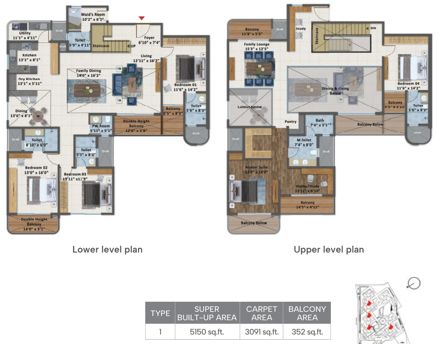 Sattva Courtyard 4 BHK Signature Duplex floor plan in Tower 7 — lower and upper levels, 5,150 sq. ft. SBA