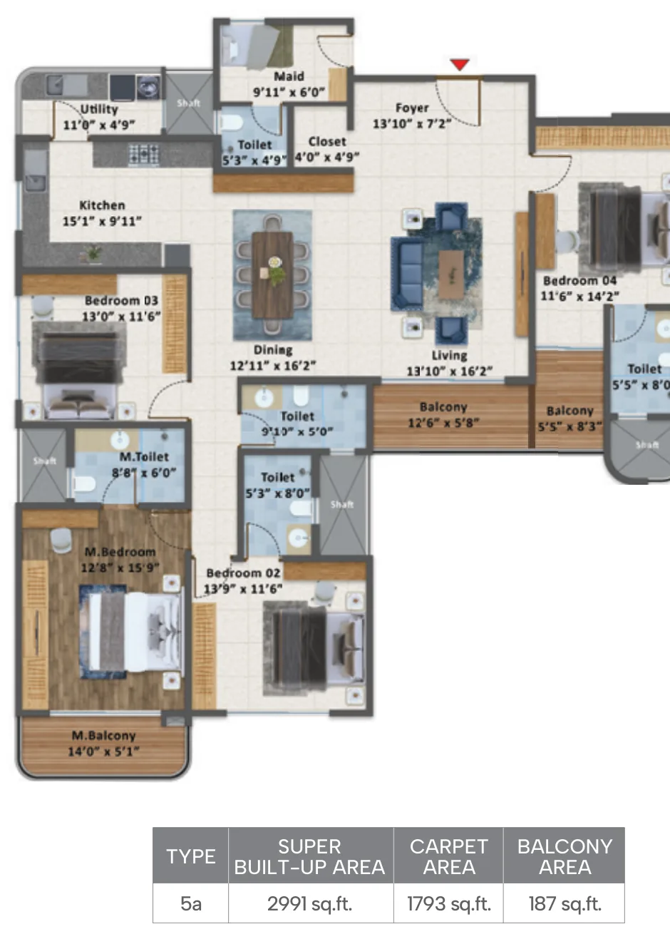Sattva Courtyard 4 BHK Type 5a floor plan — 2,991 sq. ft. SBA with four bedrooms, four toilets and a staff room