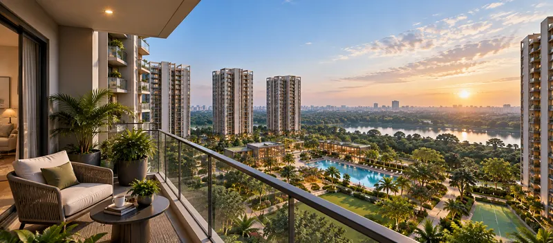 Aerial dusk view of Sattva Courtyard near Cheemasandra Lake
