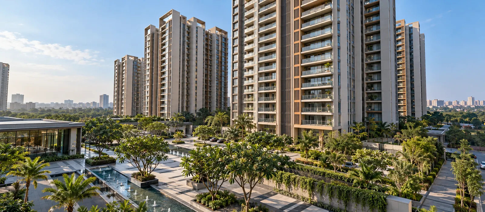 Aerial sunset view of the 10-acre Sattva Courtyard development on Old Madras Road, East Bengaluru