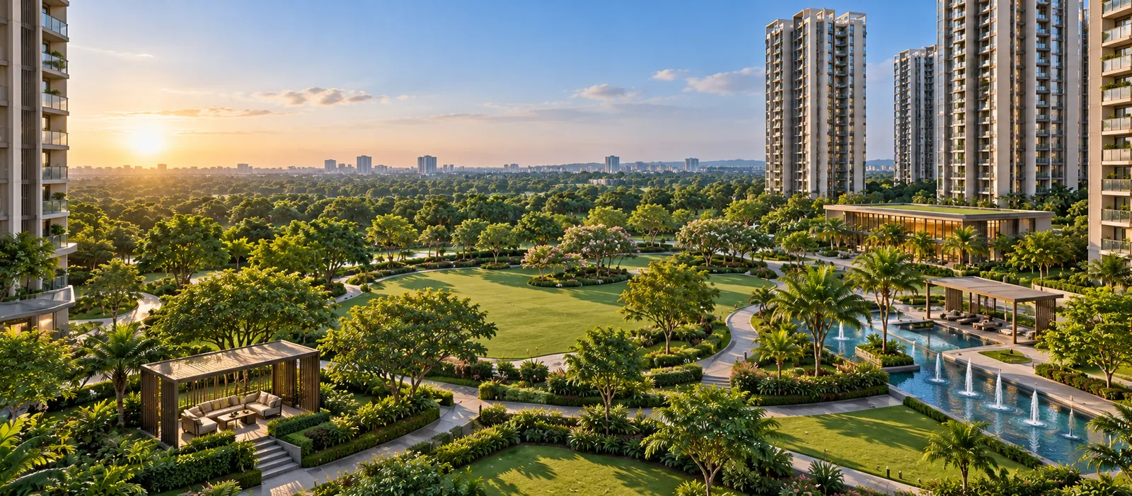 Apartment balcony overlooking landscaped greens and the East Bengaluru skyline at Sattva Courtyard