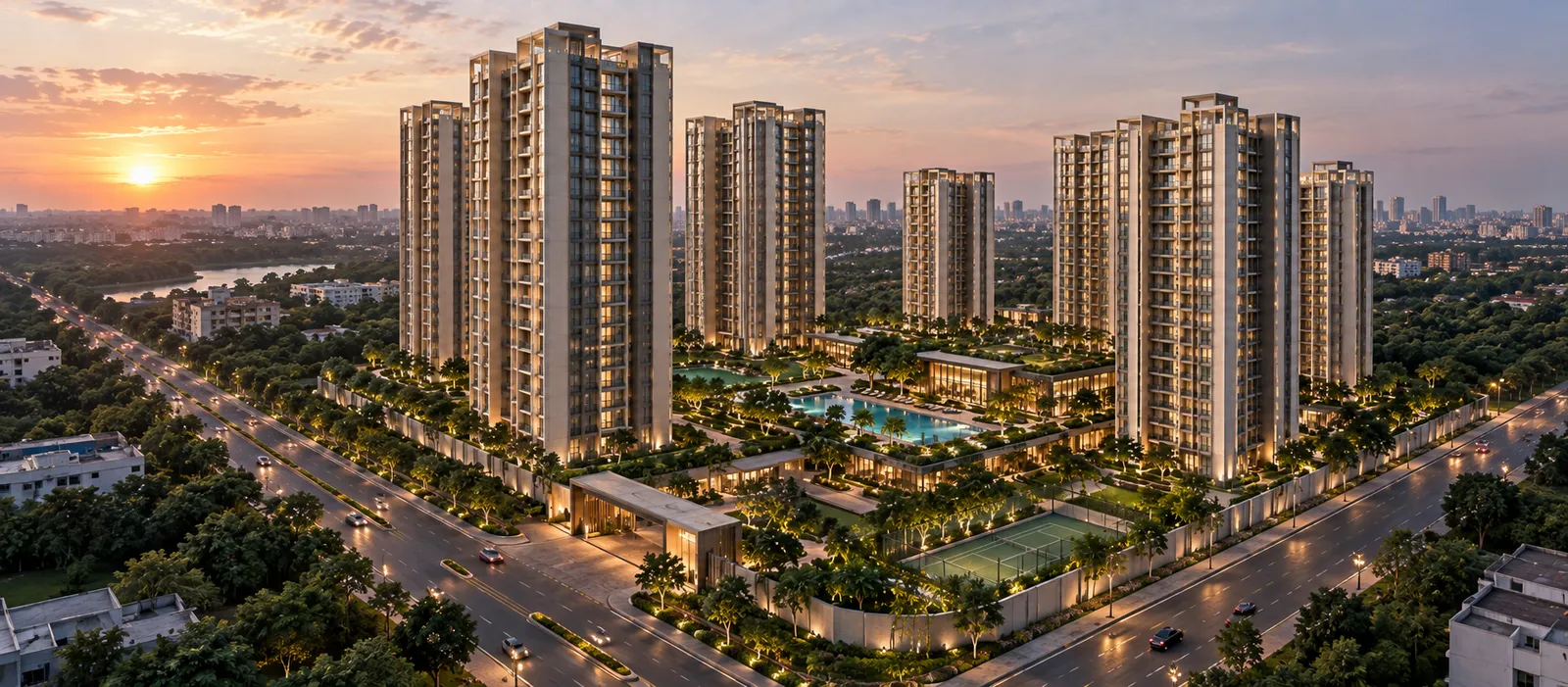 Central landscaped green with walking pathways between high-rise apartment towers at Sattva Courtyard