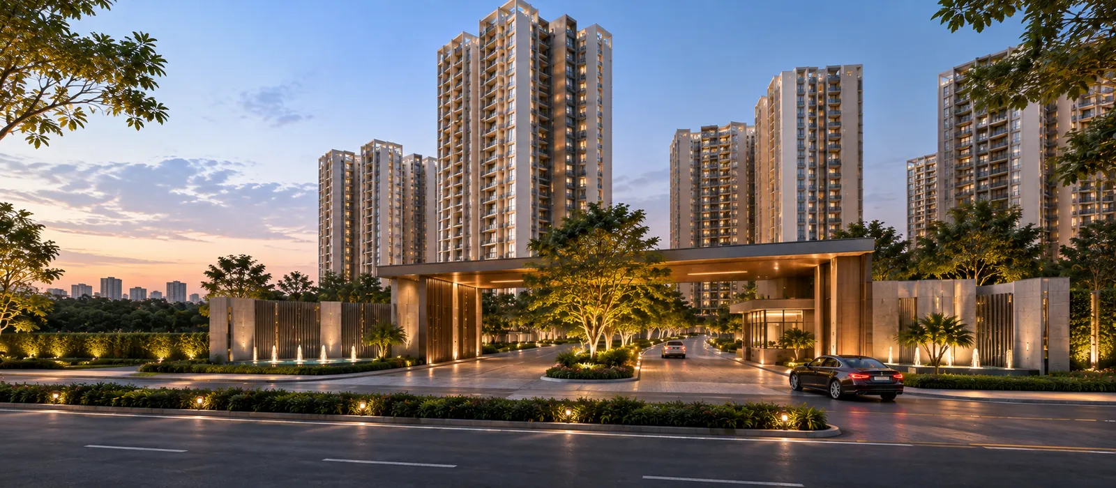 Landscaped arrival driveway and drop-off canopy leading into Sattva Courtyard residential towers