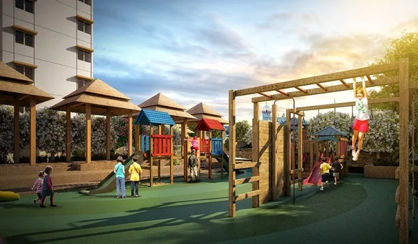 Children play area with soft-surface play equipment inside the Sattva Courtyard residential community