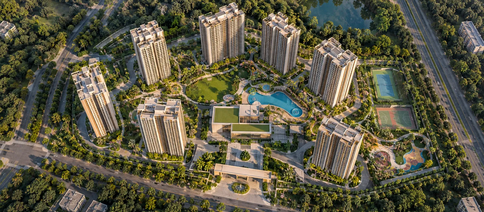 Daytime view of landscaped plaza between residential towers and the clubhouse at Sattva Courtyard