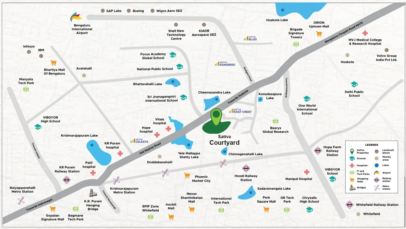 Location map of Sattva Courtyard on Old Madras Road (NH75) near Cheemasandra Lake, between KR Puram and Hoskote, East Bengaluru