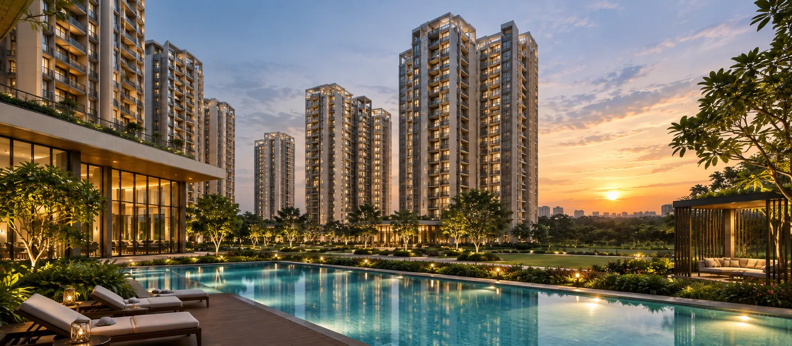 Resort-style swimming pool and sun deck framed by residential towers at Sattva Courtyard Bengaluru