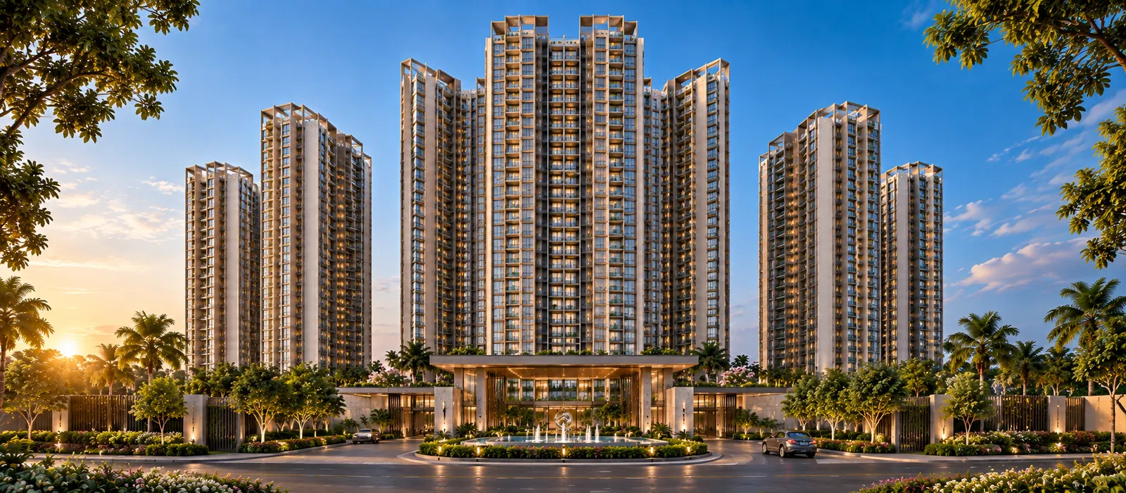 Illuminated high-rise residential towers at Sattva Courtyard, Old Madras Road, East Bengaluru