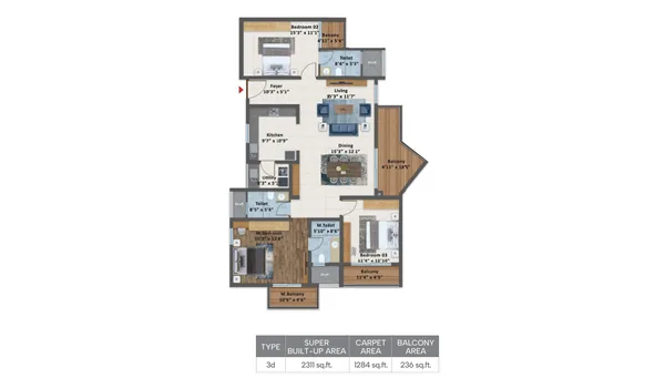 Sattva Courtyard 3 BHK Type 3d floor plan, 2,311 sq. ft. SBA