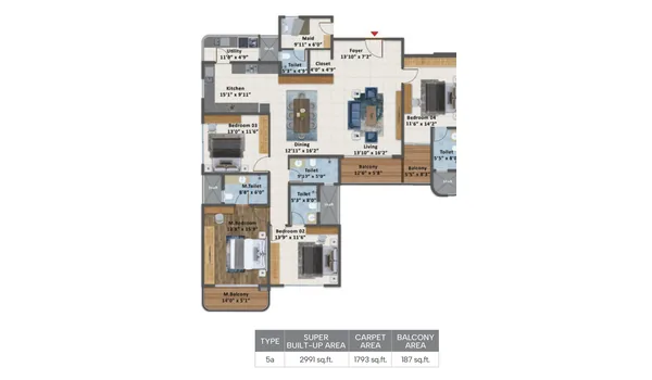 Sattva Courtyard 4 BHK Type 5a floor plan with staff room, 2,991 sq. ft. SBA